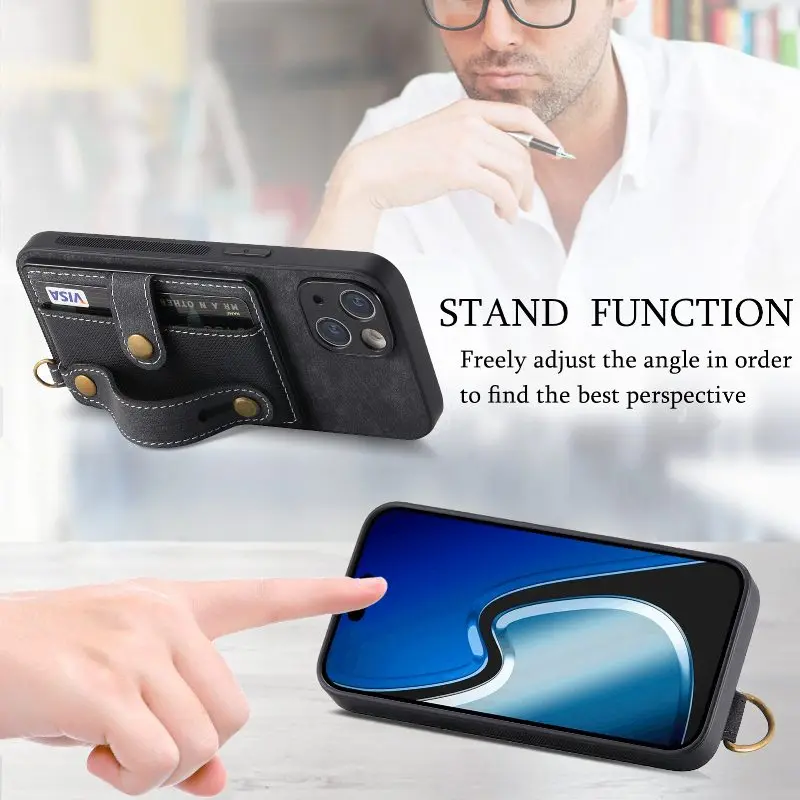 The Back Wrist Strap Leather Wallet Card Phone Case For iPhone 15 14 Plus 13 12 11 Pro XR X XS Max SE 8 7 6 Plus Phone Cover