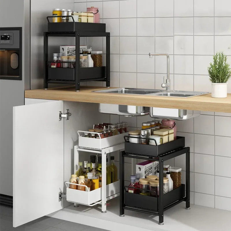 Under Sink Cabinet Organizer 2-Tiers Stackable Storage Shelf with Sliding Baskets Drawers for Kitchen Bathroom Kitchen Storage