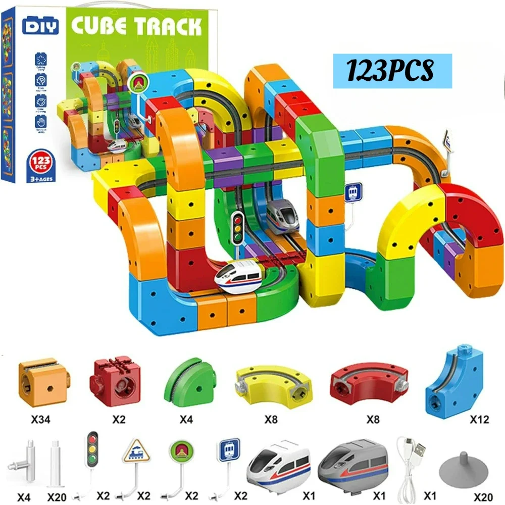 Electric Train Set, Flexible Race Track, 3D Embedded Layouts Train Track Set, Rail Cube Building Toy, Children's Christmas Gifts