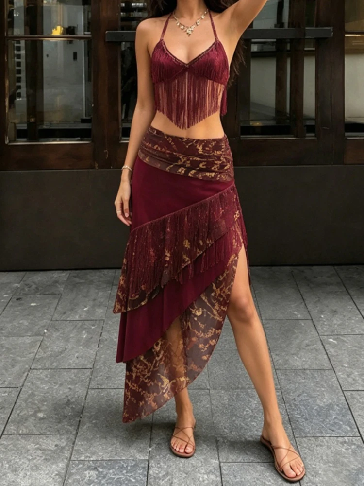 

Foamlina Boho Style 2 Piece Set Fringe Halter Tie Backless Crop Top and Patchwork Irregular Midi Skirt Women Summer Y2K Outfit