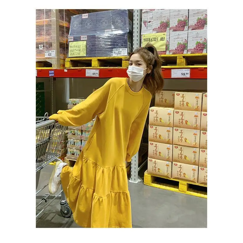 2023 Women Clothing Solid Color Pullovers Long Sleeve O-neck Patchwork Pleated Simplicity Elegant Fashion Loose Dresses New
