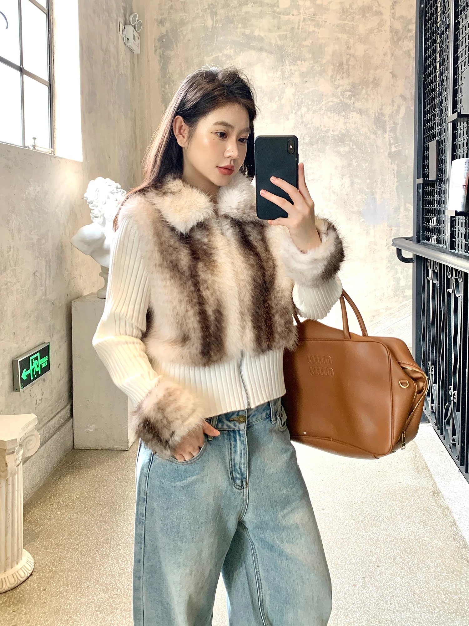 

ay Knitted Fur Jaet Design Slimming Top Women's Faion Casual Long Sve Zipper Closure No Hat Fur Coat