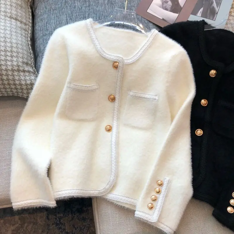 2025 가을 겨울 프랑스풍 우아한 짧은 흰색 니트 스웨터 코트, 여성 고급 캐시미어 가디건