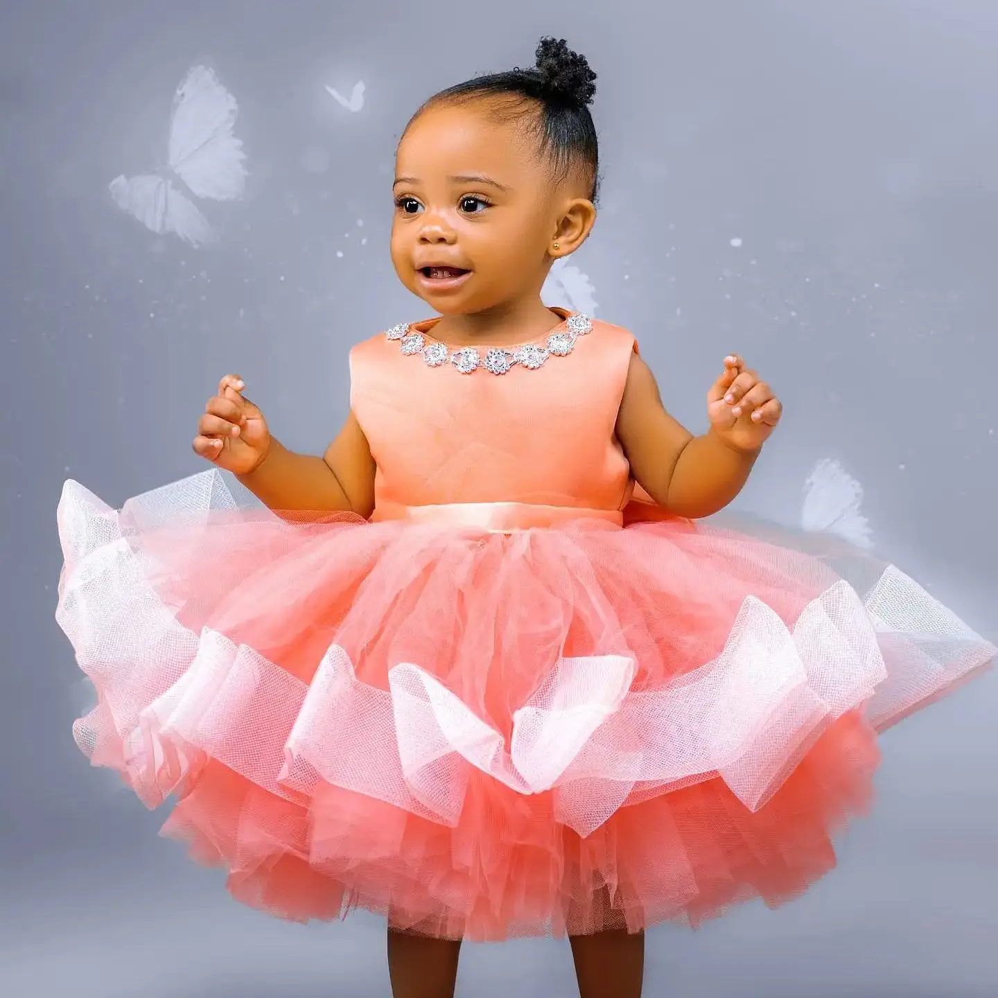 Vestido rosa de tul para niña de las flores, vestido de princesa con cuentas de cristal para fiesta de boda, cumpleaños de bebé, primera comunión