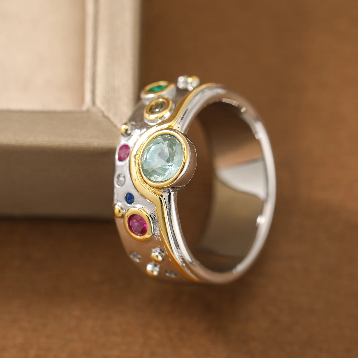 Vintage Farbiger Kunststein-Ring aus Kupfer, Modischer Zweifarbiger Luxus-Damenring, Schmuckgeschenk – Detail 1