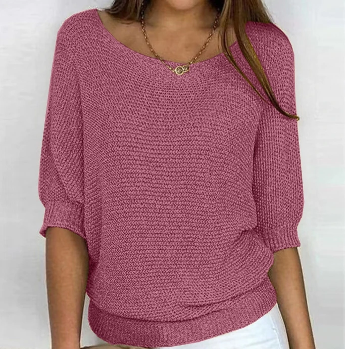 

Fashionable Autumn New Sweater Solid Color Round Neck Knitted Sweater Women's Seven Quarter Sleeved Top Air-Conditioned Shirt