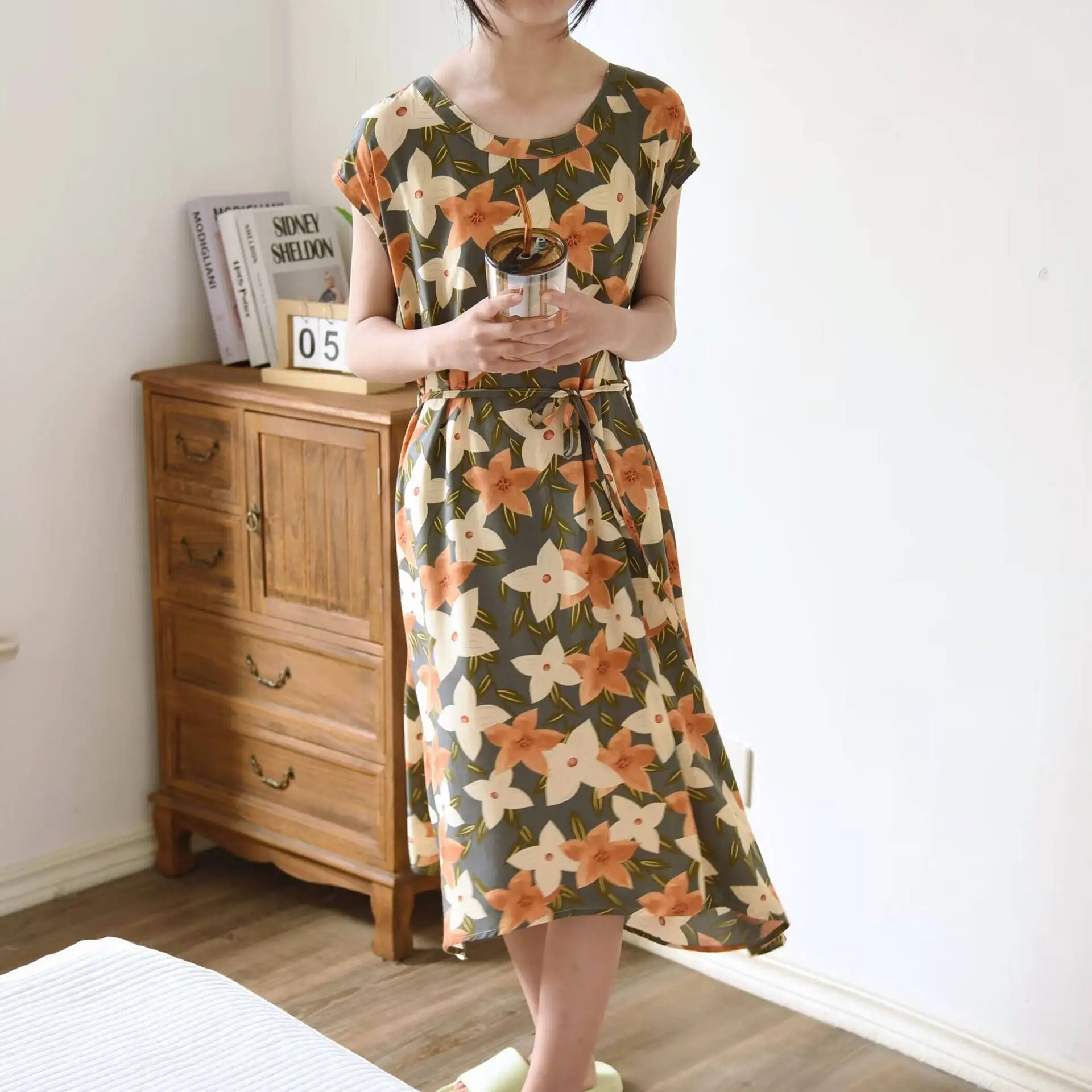 2024 New Summer Women\'s Sleeping Dress Viscous Flower Comfortable and Breathable Sleeping Dress Ladies Dress Large and Simple