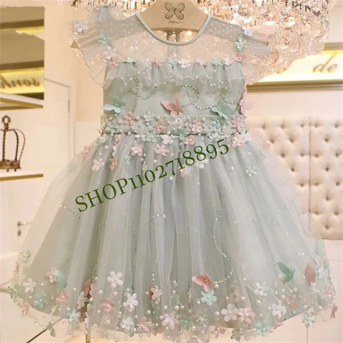 

Delicate Pearls Flower Girl Dresses Hand Made Floral Kid Prom Dresses Lace Applique Tulle Scoop ALine Princess Celebrity Dresses