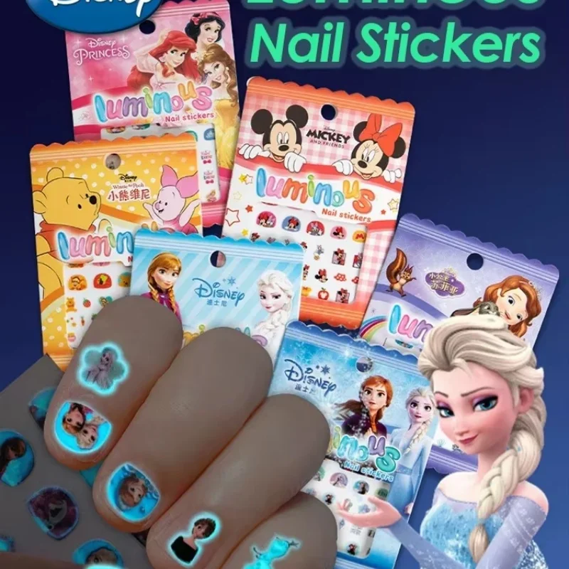 Disney Frozen Elsa Glow Nail Stickers - Ice Snow Princess Cartoon Sticker for Girls Kids Party Christmas Birthday Gifts