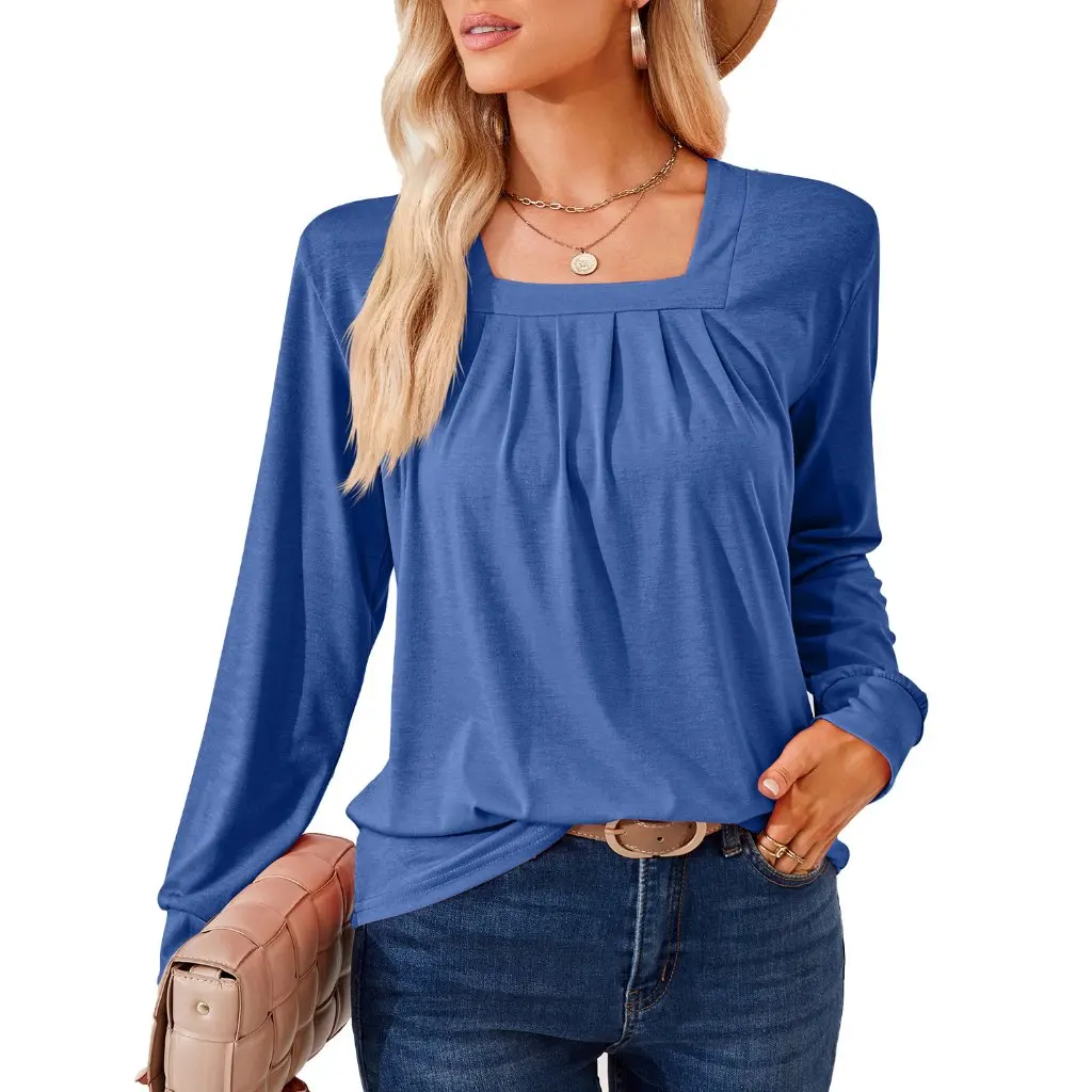 

Women's Solid Color Square Collar Pleated Jacquard Long Sleeve T-Shirt Loose Top for Autumn Winter