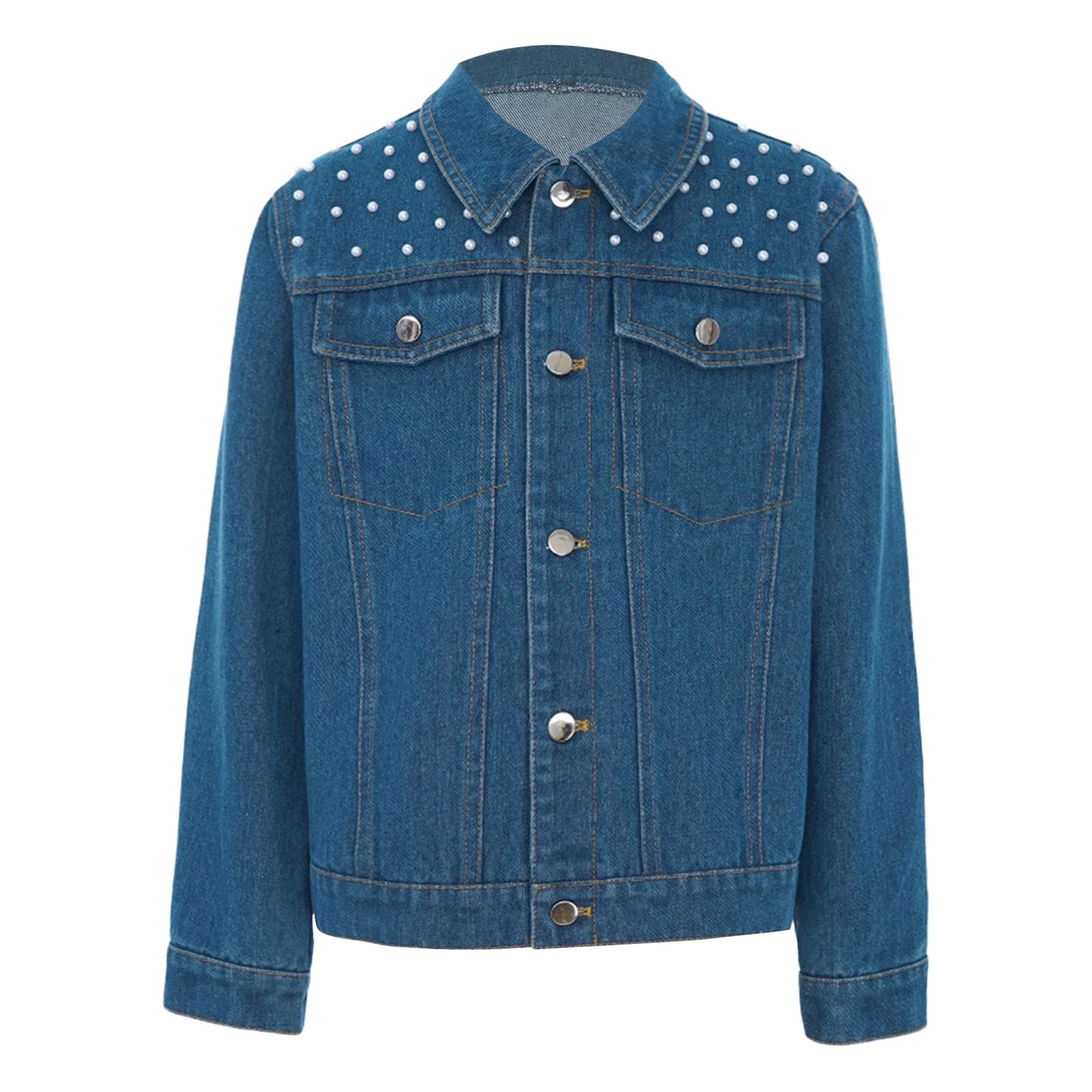 

Kids Girls Denim Jacket Coat Fashion Beaded Turn-Down Collar Long Sleeve Button Jean Coat Korean Outerwear with Flap Pockets