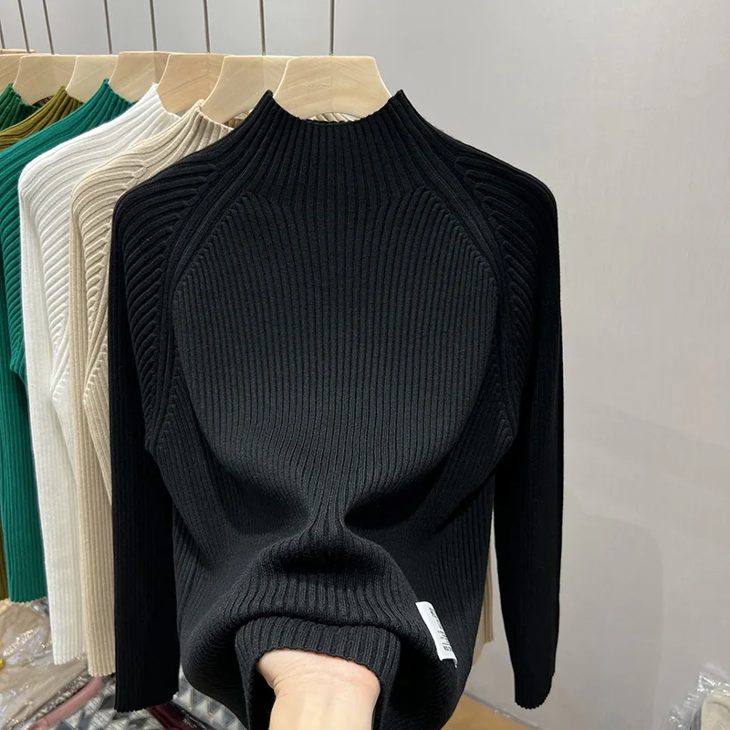 Oversized Vintage Sweater Women Korean Fashion Half-Turtleneck Knitted Pullover All-Match Casual Basic Long Sleeve Knitwear Top