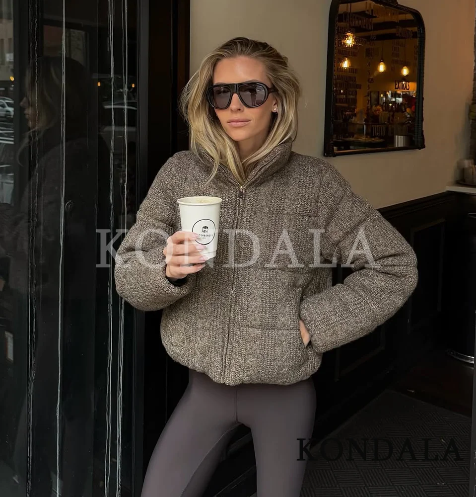 

KONDALA Knitted Stand Collar Padding Jacket Women's Thickened Thermal Slim Zipper Jacket 2025 Fashion Vintage Casual Lady Jacket