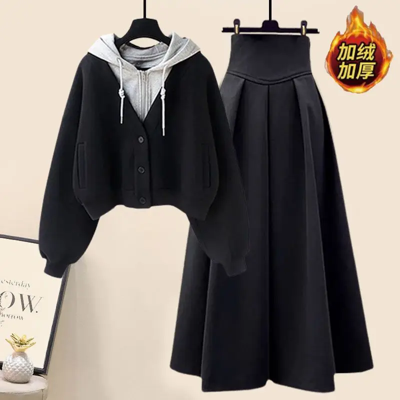 Autumn and Winter Set Women\'s 2023 New Korean Edition Slim Hooded Top High Waist Half Skirt Two Piece Set Fashion