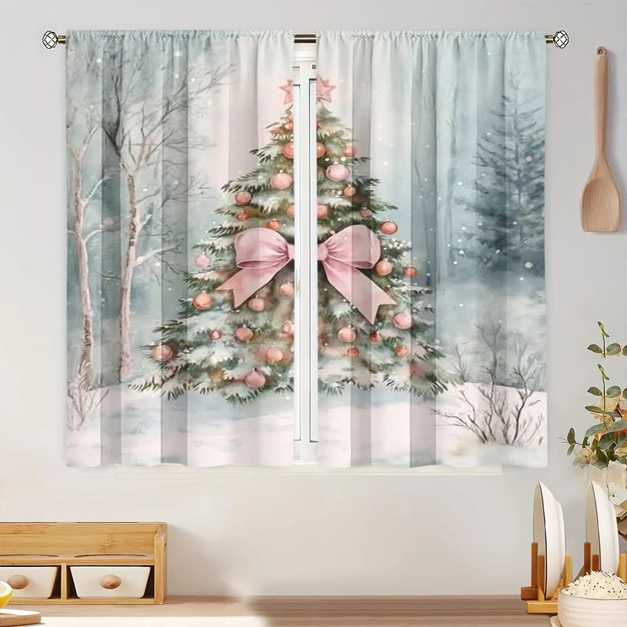 2PCS Digital Print Curtain, Watercolor Christmas Tree with Pink Bow in Snowy Forest, Light Blue Winter Scene, for Bedroom Decor