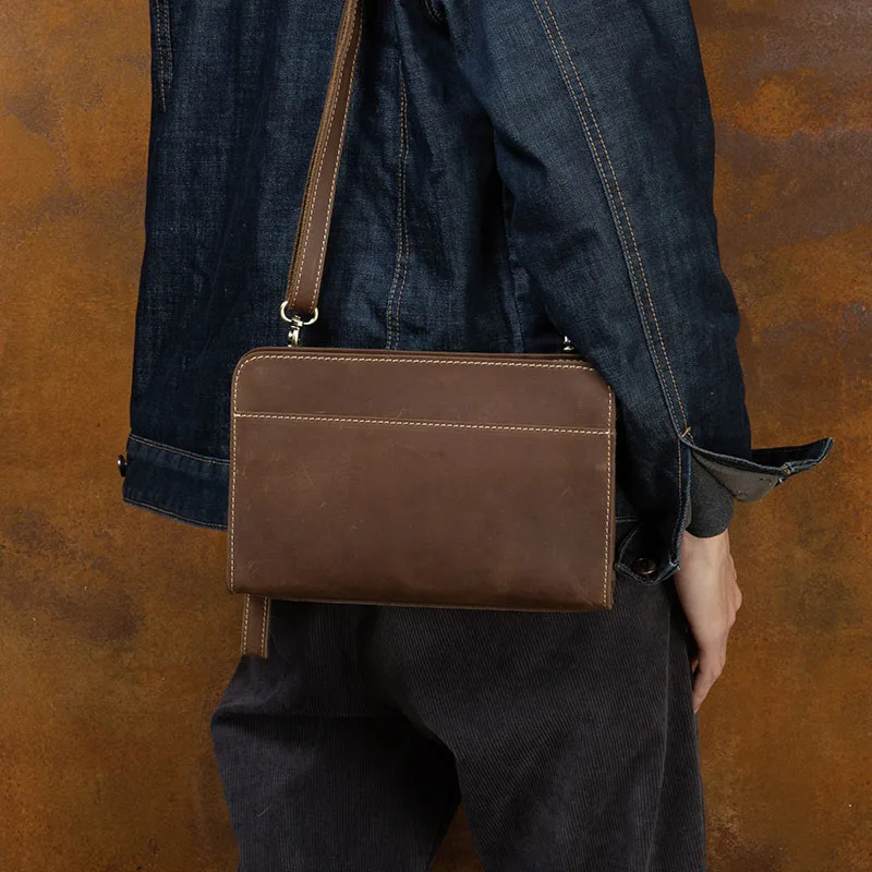 Crazy horse leather men's handbags retro business long clutch leather leather purse shoulder bag large capacity