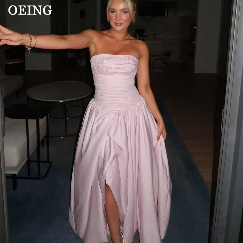 OEING Elegant Light Purple Prom Dresses Strapless Leg Slit Pleats Party Gowns Ankle Length Evening Dresses Customized