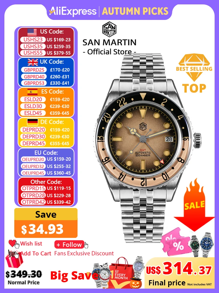 San Martin 2025 Men's Watches Retro NH34 GMT Sandwich Dial 40mm Bidirectional Sapphire Bezel Luxury Sports Watch 20Bar SN0134