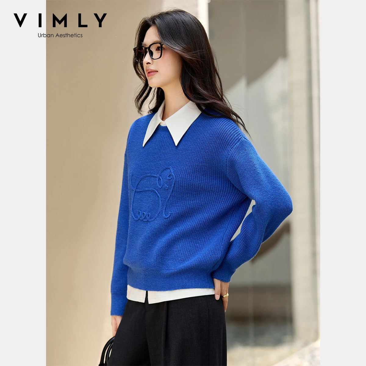 VIMLY Damski Niebieski Sweter Dzianinowy Elegancki Słoń 3D Okrągły Dekolt Pulowery Jesień 2025 Codzienne Swetry z Długim Rękawem Damskie Bluzy 75128