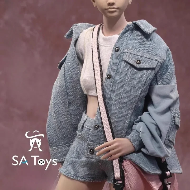 SA053 Muñeca femenina a escala 1/6, abrigo vaquero de verano, camiseta, pantalones cortos, calcetines, modelo de ropa para figuras de acción de 12 pulgadas, cuerpo AT203