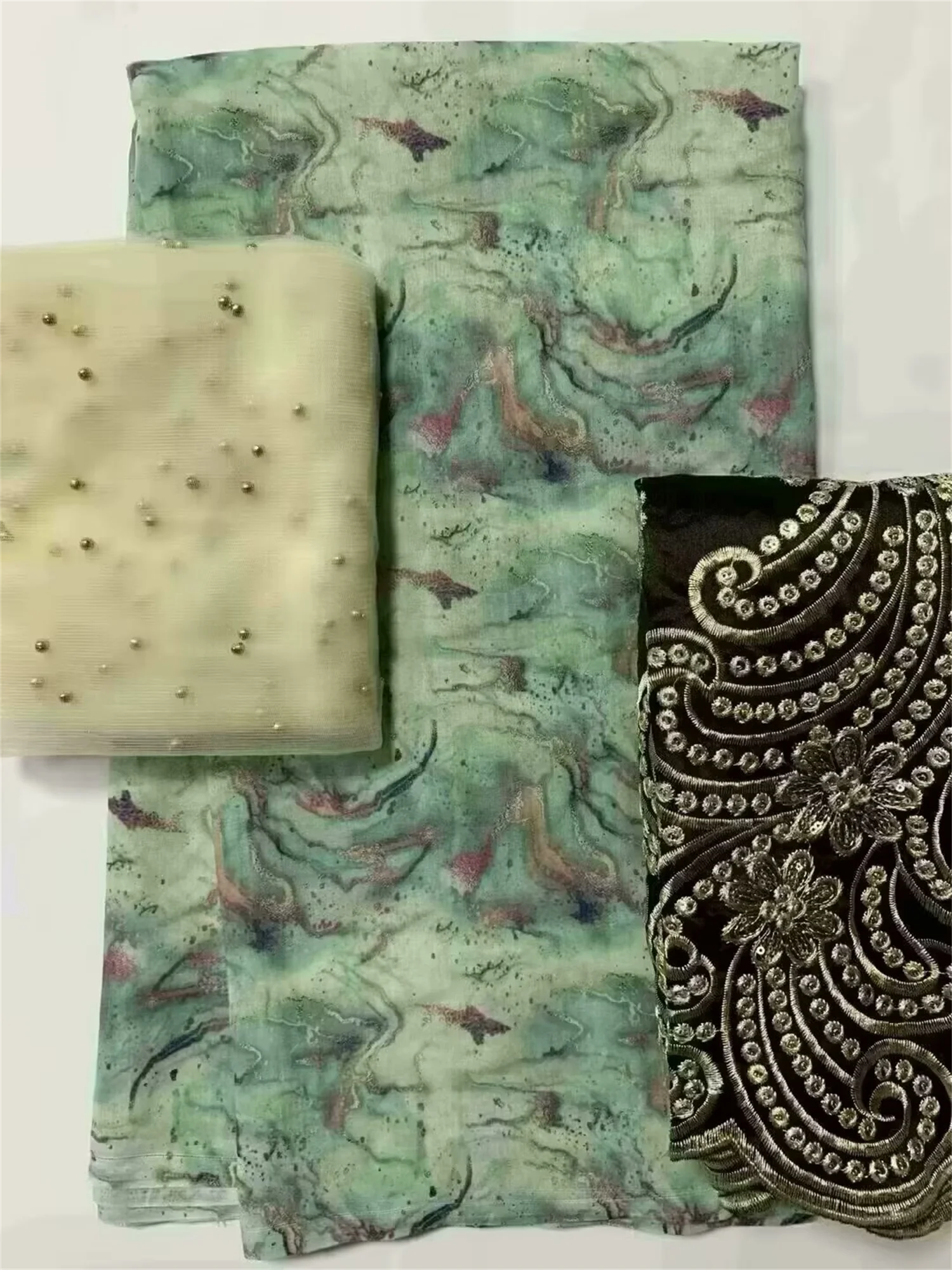 New Women 5+2+2 Yard/Set Soft African Print Satin Silk George Fabric With Swiss Voile Lace For Party Lady Dress Sewing Material