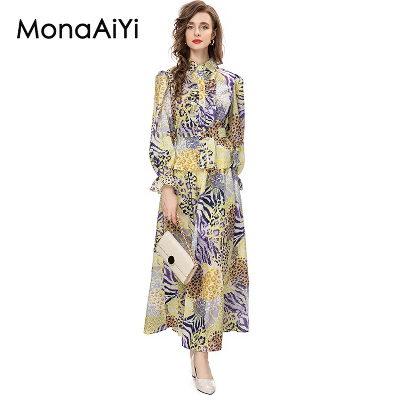 MonaAiYi New Fashion Designer Suit Women's Vogue Abstract printing Adjustable Belt Yellow Tops+Loose Pleated Skirts 2pcs Set