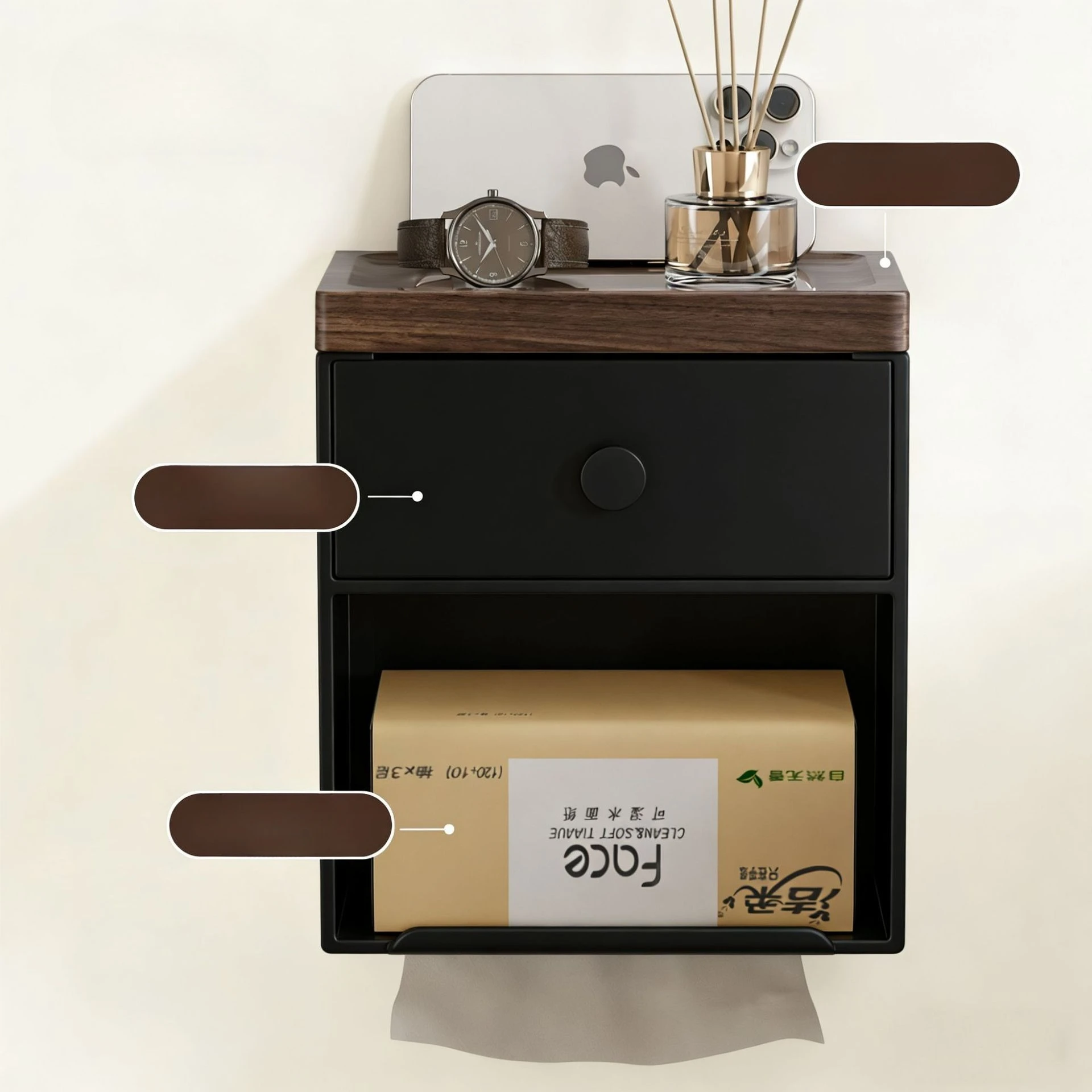 Walnut Wood Toilet Paper Holder Wall-Mounted Toilet Roll Holder No-Drill Installation Toilet Paper Storage Rack