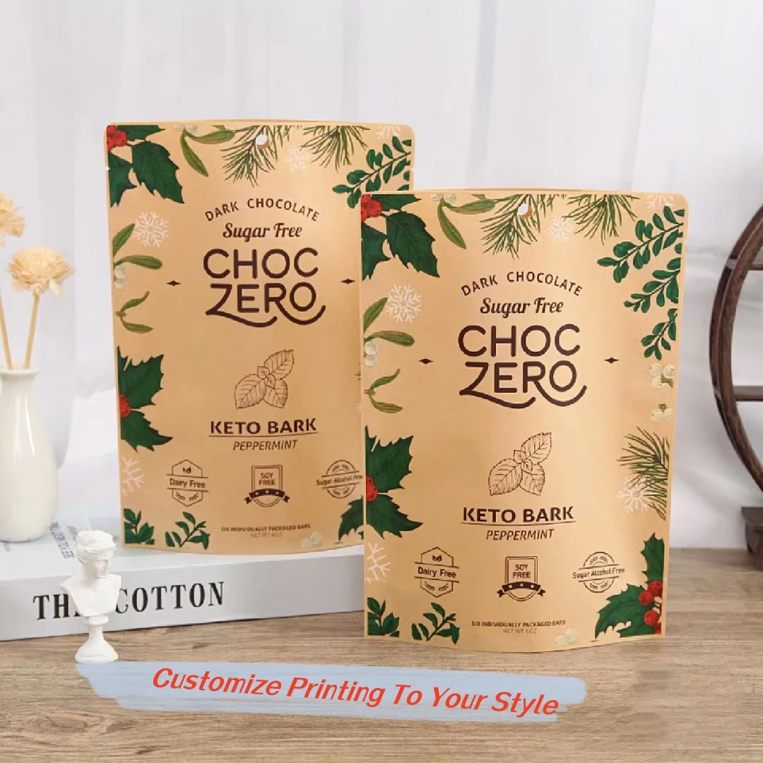 Bolsa de té Kraft, logotipo impreso de proceso personalizado, cremallera autoportante a prueba de humedad, bolsa de regalo, embalaje de alimentos cocidos con azúcar de nuez