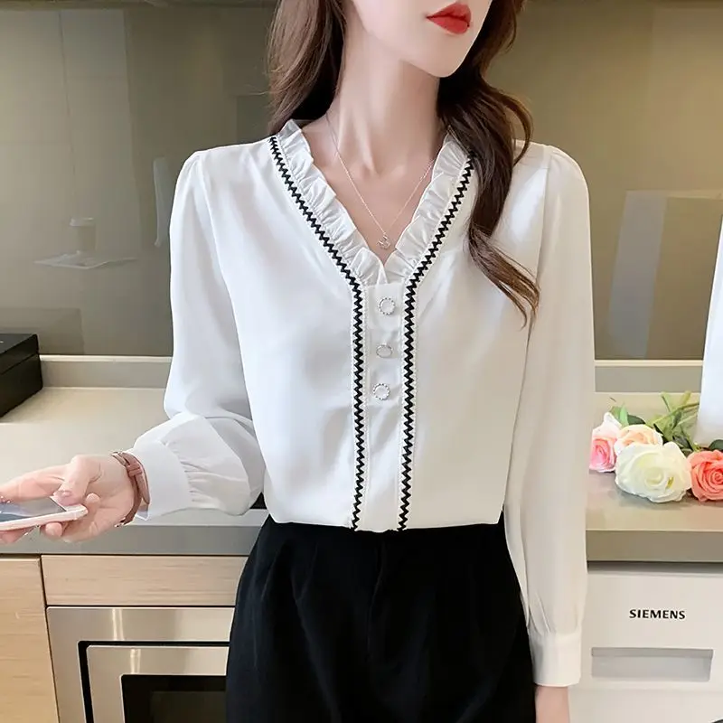 Ruffle Lace Patchwork Elegant Chic Sweet Black White Commute Blouse Top Women 2023 Spring Autumn Fashion Slim Long Sleeve Shirts