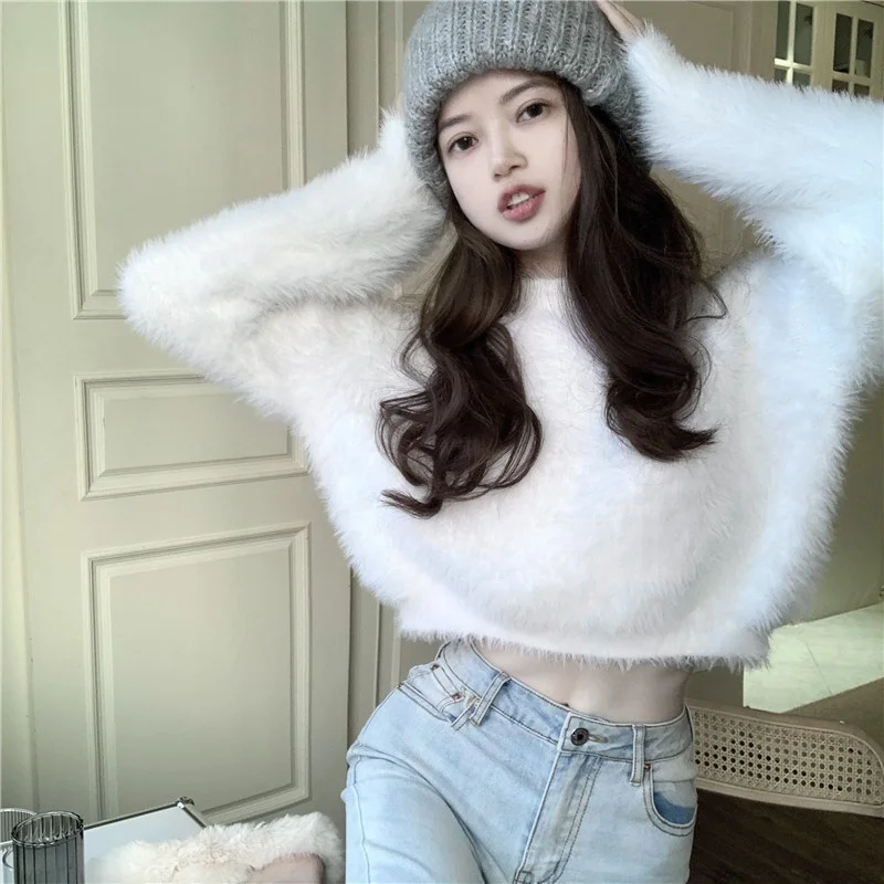 

Spring 2025 Ladies' White Knitted ort Sweater Design Sensation Sle round Ne Long Sve Warmth Emitting Pure Color