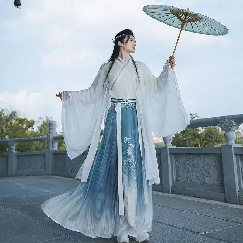 Chinese Hanfu Men Embroidered White Blue Gradient Vintage Hanfu Suits Male Halloween Carnival Cosplay Costume Hanfu Plus Size