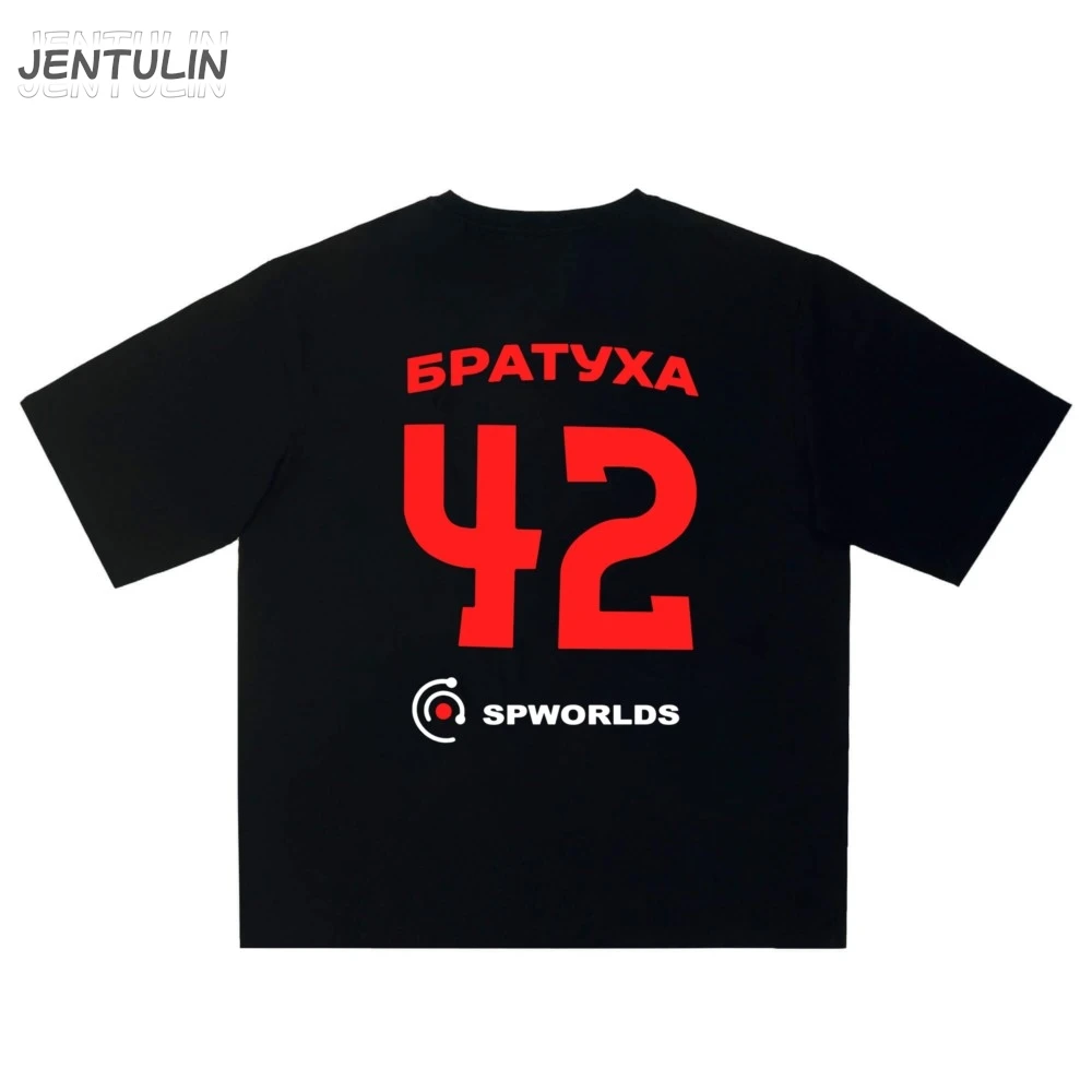 Harajuku Oversized Streetwear Men's Clothing 42 Братуха Graphic Print Tshirt Cotton Hip Hop Letter Short Sleeve Top Tee Goth Y2k