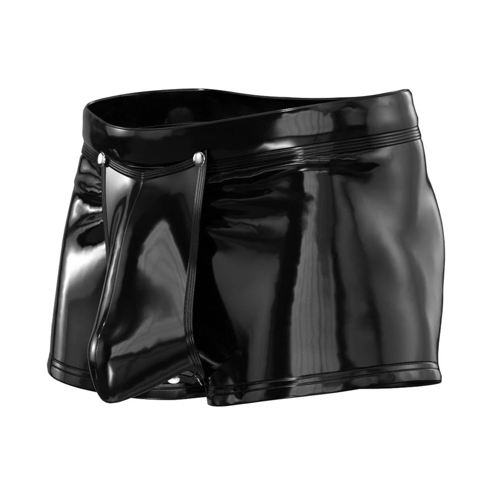 Mens Lingerie Elastic Waist Zipper Button Shorts Nightwear Latex Patent Leather Short Pants Openable Crotch Boxer Underwear