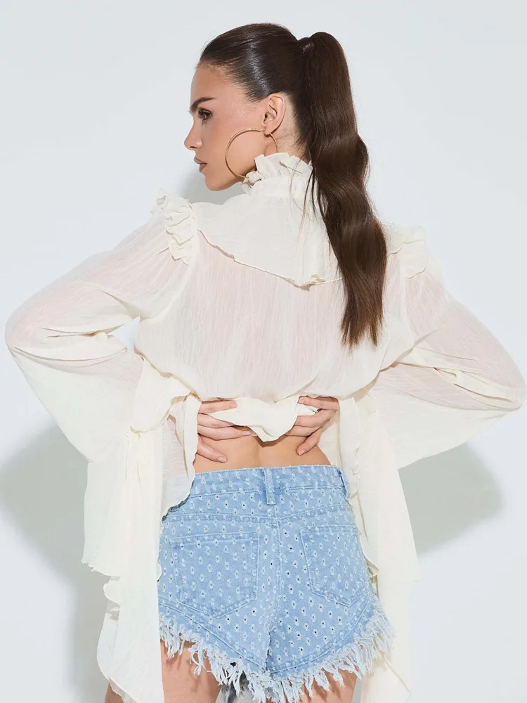 Articat Fashion Long Sleeve Ruffled Chiffon Tie Top T-Shirt Women Elegant Half High Collar Slim Female Autumn New 2025 Clothing