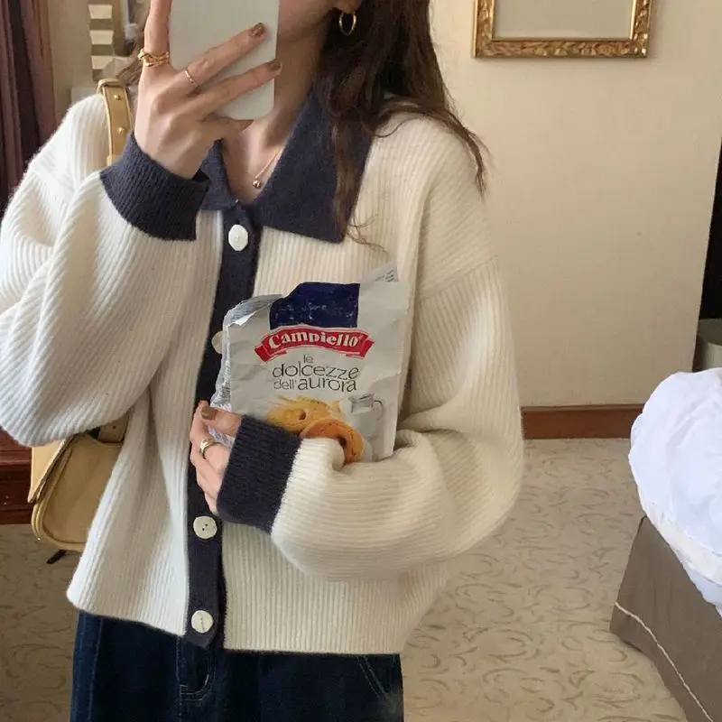 

Polo Lapel Single-breasted Knitted Cardigan Jacket Women's Loose Hong Kong Style Retro Contrast Sweater
