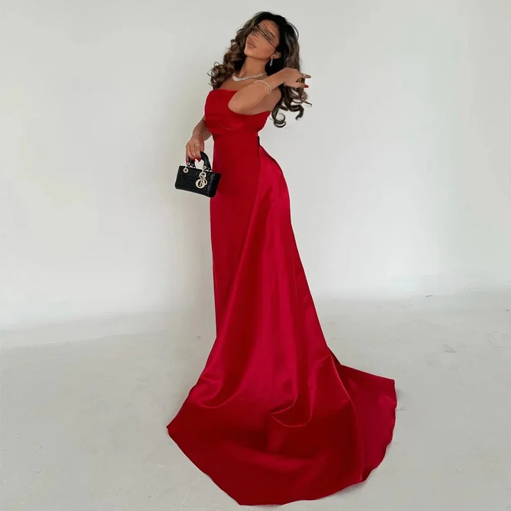 Flechazo Red Strapless Sleeveless Evening Dress Sheath Floor Length with Sweep Train Customized Gowns فساتين للمناسبات الخاصة