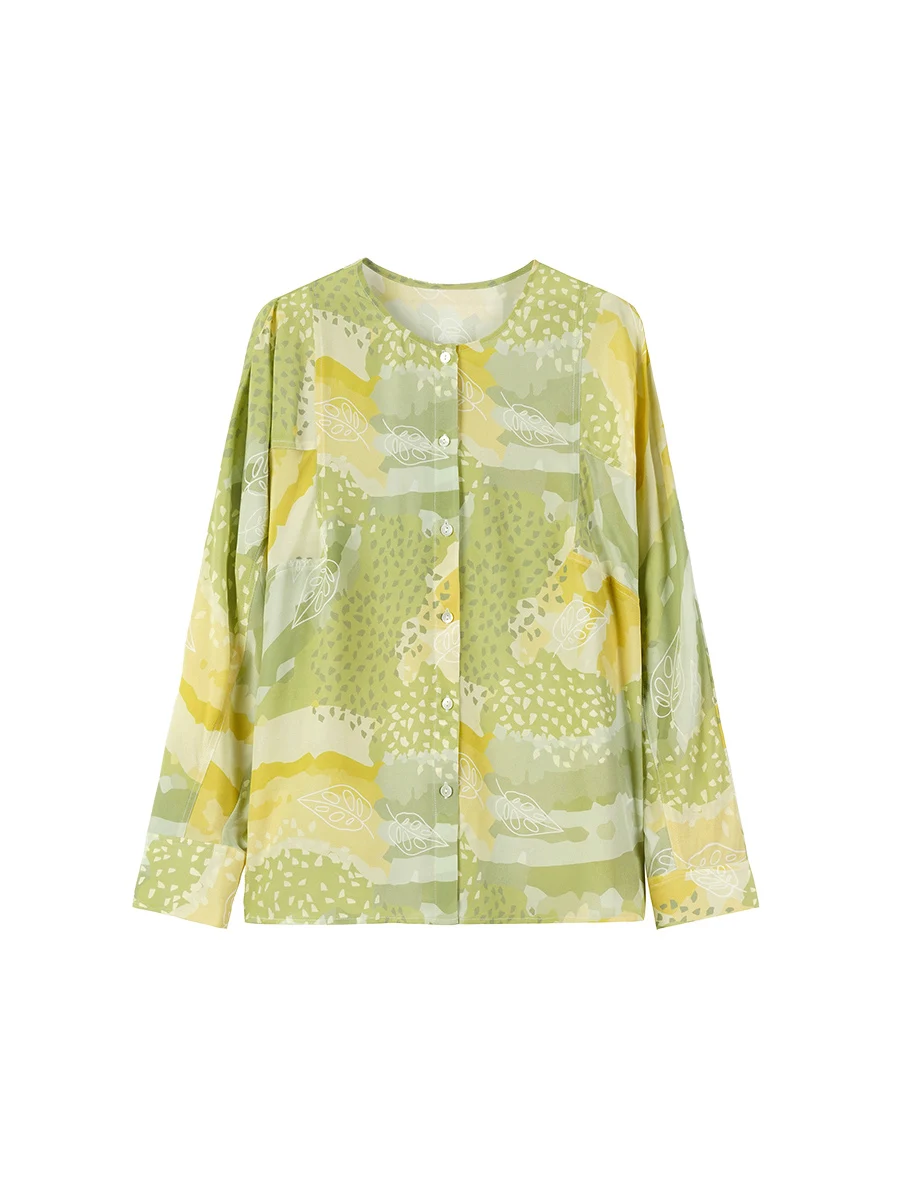 SuyaDream Women Printed Bloused, 100%Silk Crepe De Chine, Round Collar Loose Shirts, 2024  Spring Fall Casual Top, Green