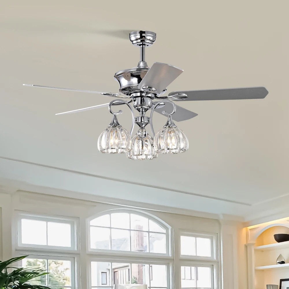 52''Crystal Ceiling Fan Lamp with Remote Control  3 Speed,5 Reversible Blades for Living Room,Dining Room,Bedroom