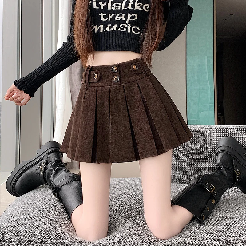 Women High Waist Corduroy Woolen Pleated Skort 2026 Sweet Spicy Plaid Mini Skirt Y2K Streetwear Skirt With Shorts