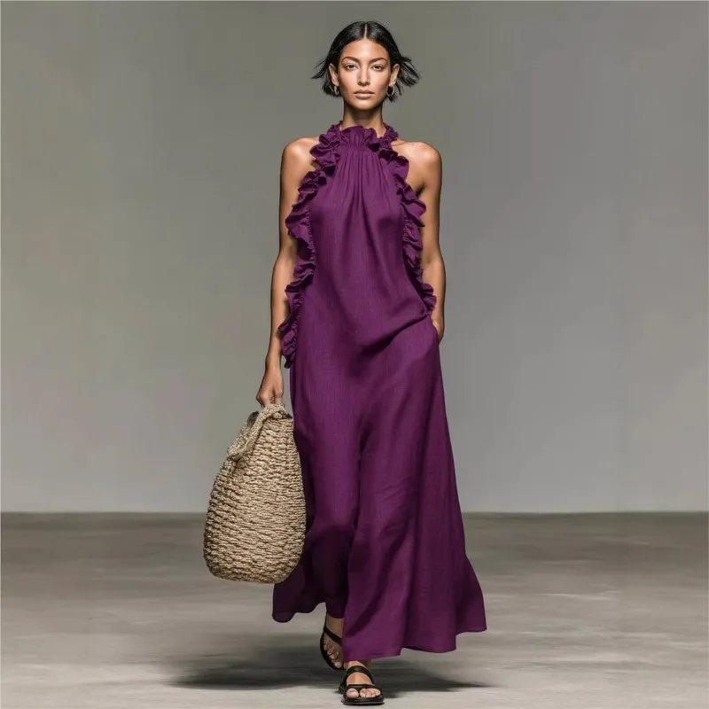 Customization Women's Sexy Halter Ruffle Maxi Dress Solid Pockets Loose Long Dress Summer Elegant Sleeveless Bohemian Vacation B - view 4