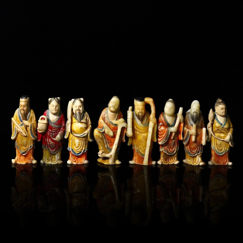 Hibiscus stone hand-carved painted eight immortals character ornament collection