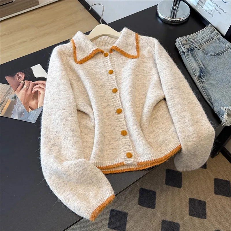 

Spring Autumn Korean Soft Knit Cardigan Sweater Women Short Coat Lapel Single-Breasted Long Sleeve Knitwear Ladies Sueter Mujer
