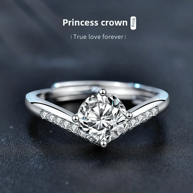 Fashion 925 sterling silver princess crown moissanite ring for women, adjustable opening, anniversary valentine's day gift