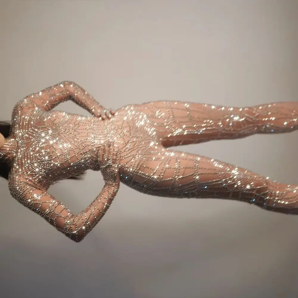 

Glitter Rhinestones Gloves Jumpsuits for Women Sexy Stretch Dance Bodysuit Birthday Party Stage Wear Drag Queen Costumes