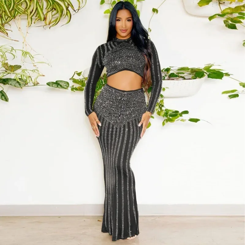 

GUWU Diamonds Women Set Long Sleeve Crop Top and Bodycon Midi Mermaid Maxi Skirt Hot Rhinestones Two 2 Piece Set Outfit