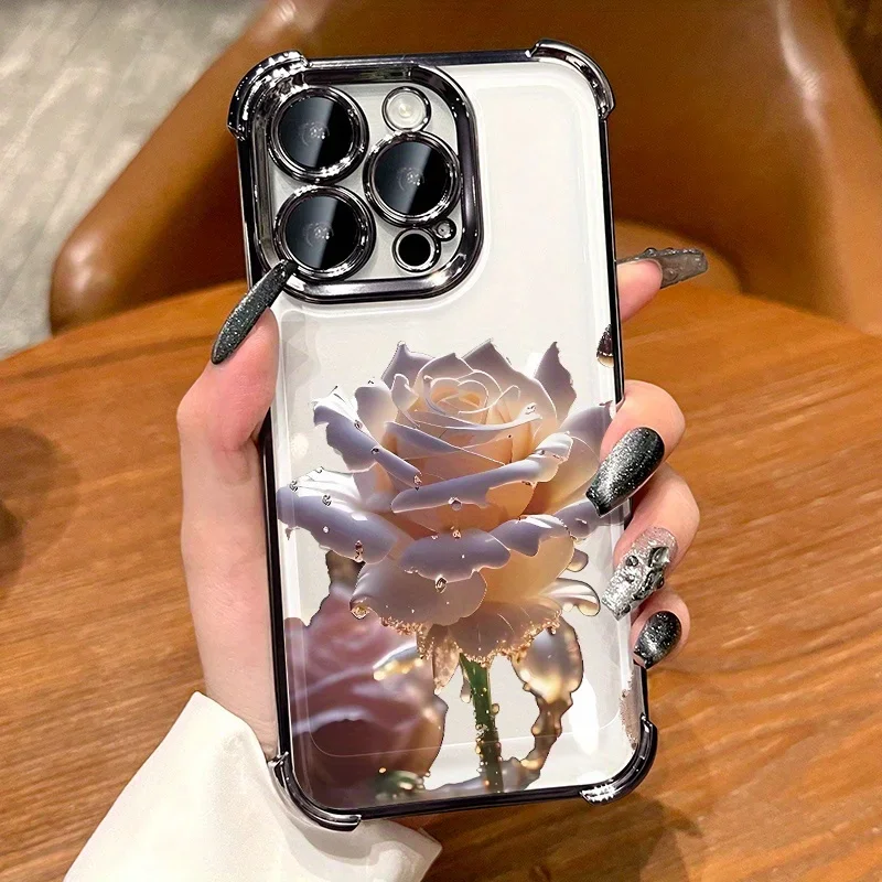 クリスタルジェイドローズデザインのフロスト加工スマホケース、Apple iPhone17 16 15 14 13 12 11 Pro Max Plus対応