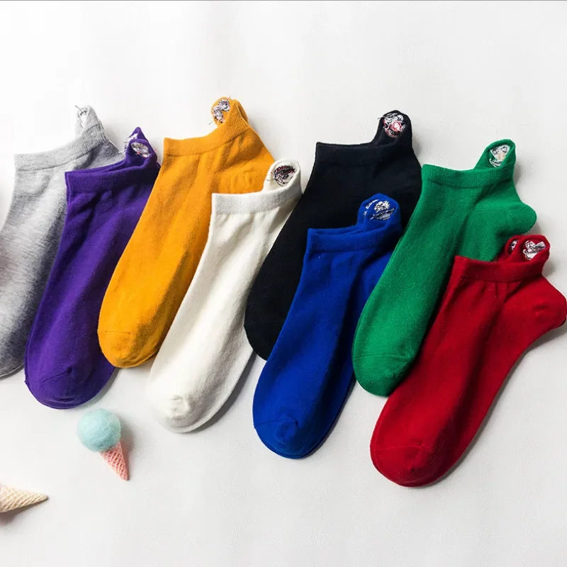 Kawaii Embroidered Expression Woman Socks Fashion Ankle Funny Socks Slippers Women Cotton Summer Candy Color Meias 54