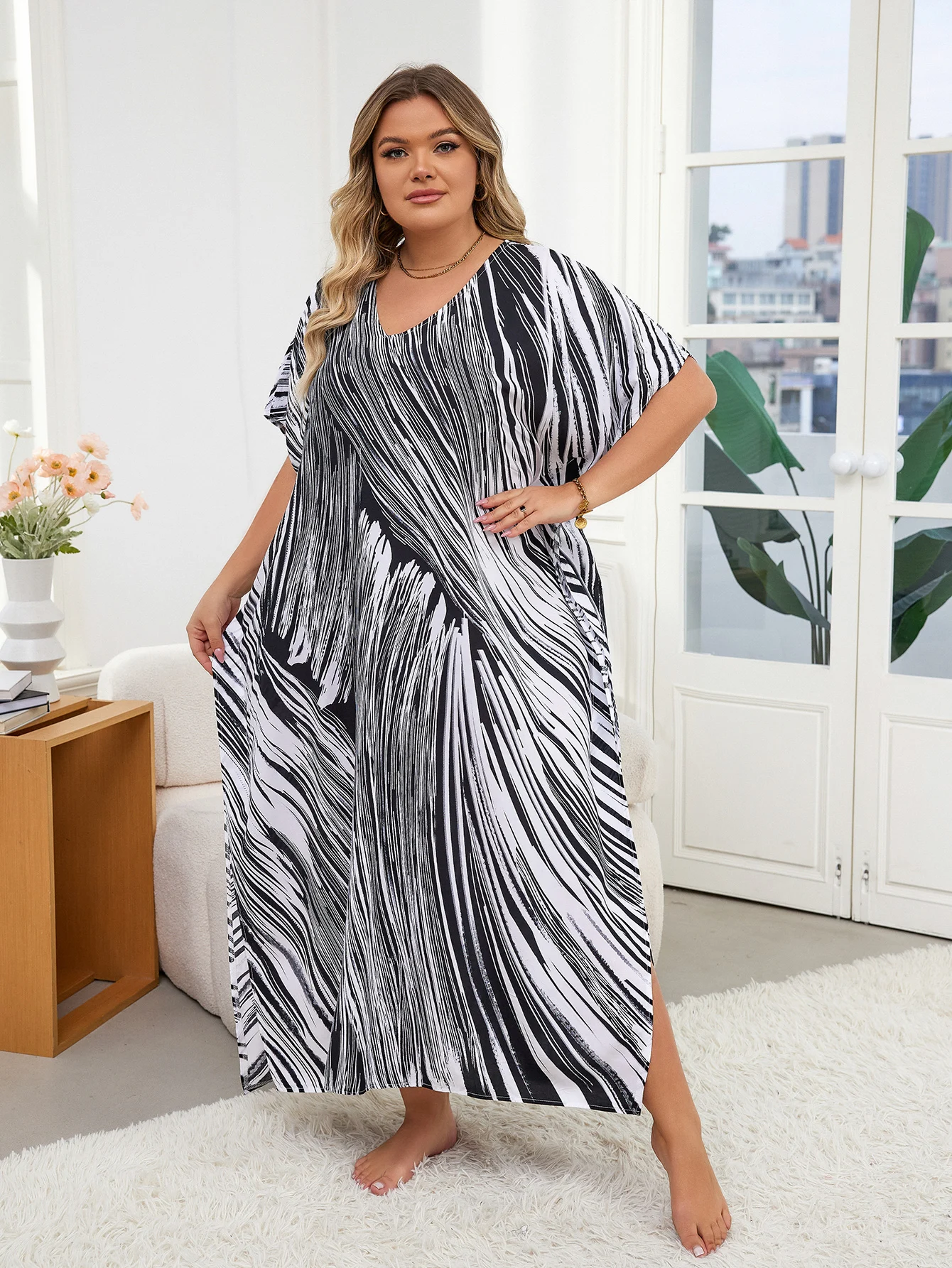 Elegant Striped Side Split Plus Size Kaftan Dress For Women 2024 Summer Sexy V Neck Batwing Sleeve Beachwear Maxi Dresses Q1594