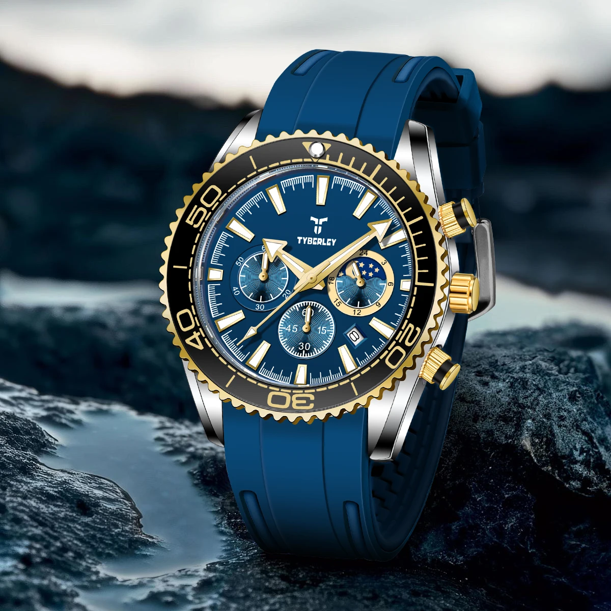 New TYBERLEY Men's Watches Black Gold Luxury Quartz Wristwatch Chronograph Watch Men Top Brand Waterproof Sport Rubber Man Clock