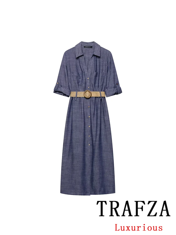 

TRAFZA Vintage Casual Chic Women Dress Solid Belt Short Sleeve Straight Vestidos Fashion 2025 Spring Summer Office Lady Dress